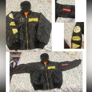 Alpha Phi sorority bomber jacket w/ a hood (hoodie material) & Alpha Phi patches